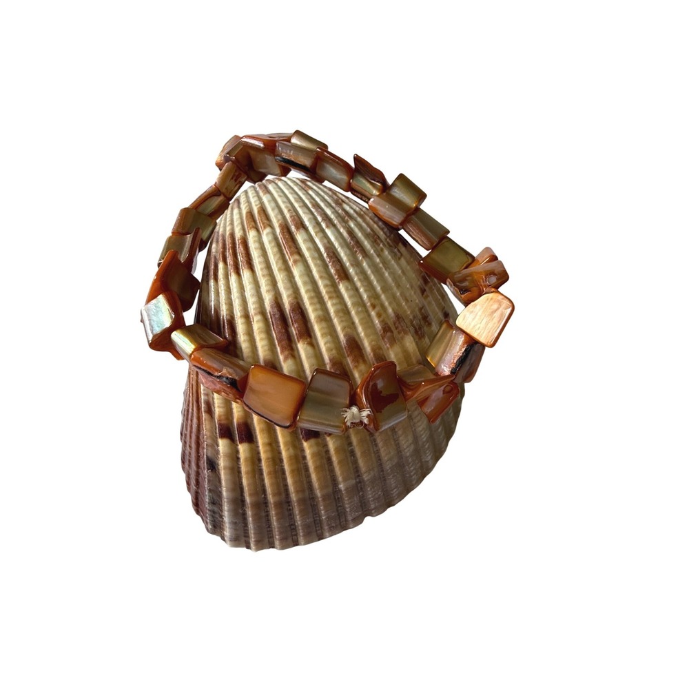 Vintage Cognac Orange Iridescent Shell Stretch Bracelet Square Bead Boho Coastal - Picture 5 of 9